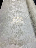 Beaded -Ivory- Fancy Flower Design Sequins Fabric with Beads Sold By The Yard