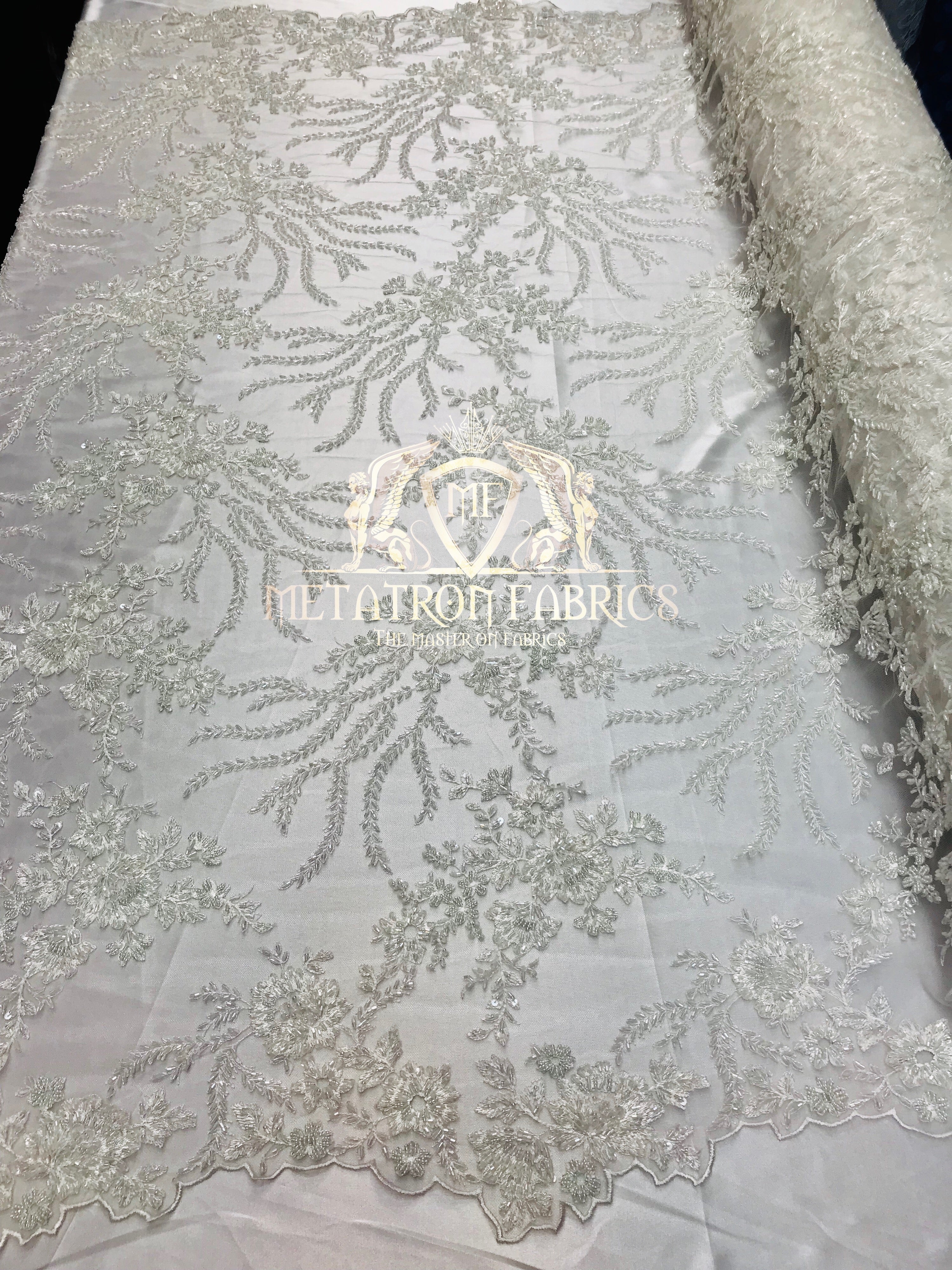 Beaded -Ivory- Fancy Flower Design Sequins Fabric with Beads Sold By The Yard
