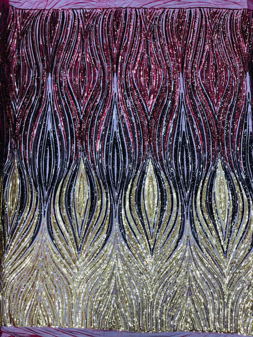 Multi-Color Fabric - Gold / Black / Burgundy - Feather Shape Sequins Fabric Sold By Yard