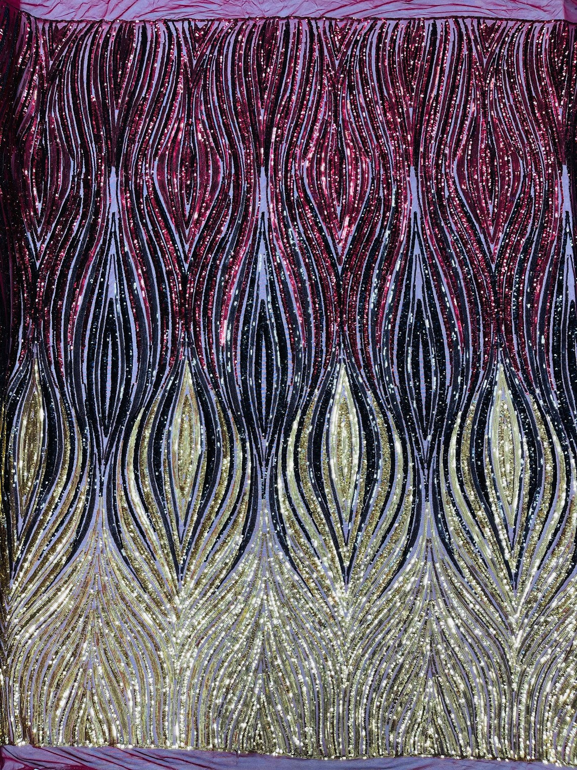 Multi-Color Fabric - Gold / Black / Burgundy - Feather Shape Sequins Fabric Sold By Yard