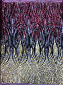 Multi-Color Fabric - Gold / Black / Burgundy - Feather Shape Sequins Fabric Sold By Yard
