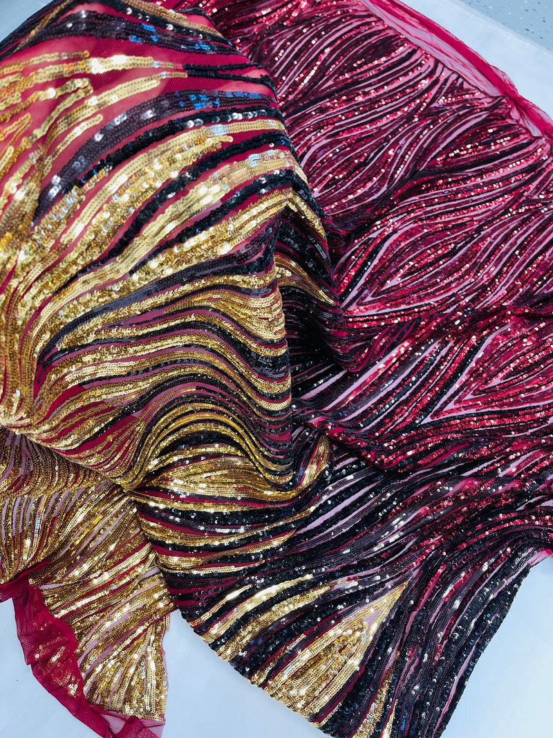 Multi-Color Fabric - Gold / Black / Burgundy - Feather Shape Sequins Fabric Sold By Yard