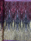 Multi-Color Fabric - Gold / Black / Burgundy - Feather Shape Sequins Fabric Sold By Yard