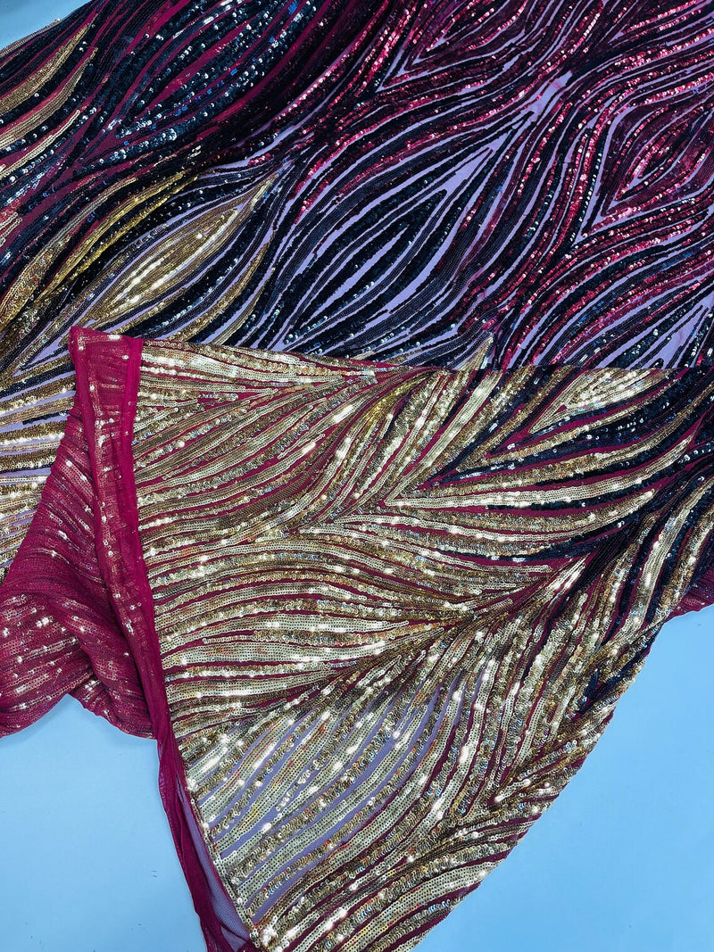 Multi-Color Fabric - Gold / Black / Burgundy - Feather Shape Sequins Fabric Sold By Yard