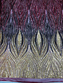 Multi-Color Fabric - Gold / Black / Burgundy - Feather Shape Sequins Fabric Sold By Yard