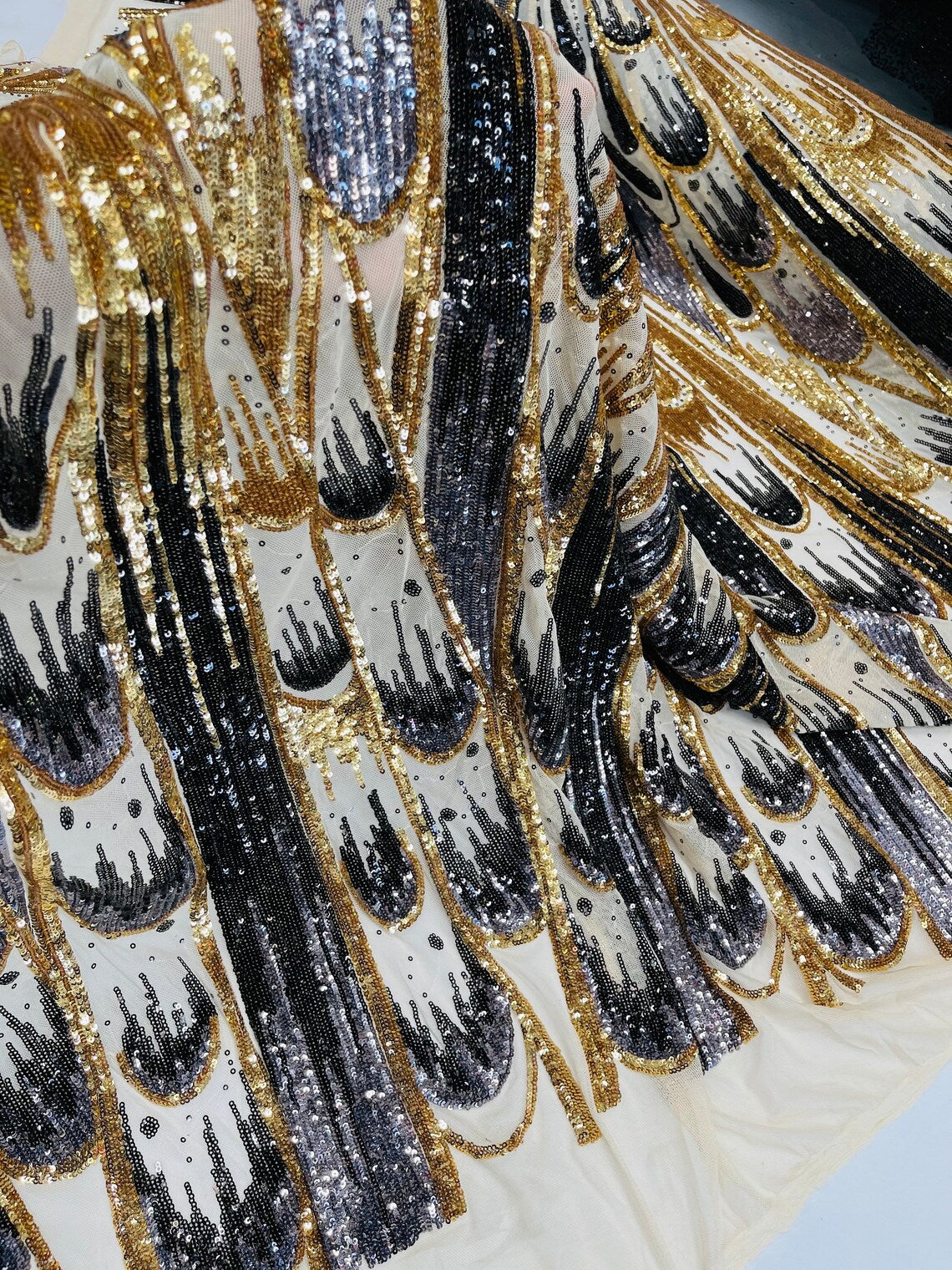 Multi-Color Sequins Design - Gold / Black / Grey - 4 Way Stretch Sequins Fabric By The Yard