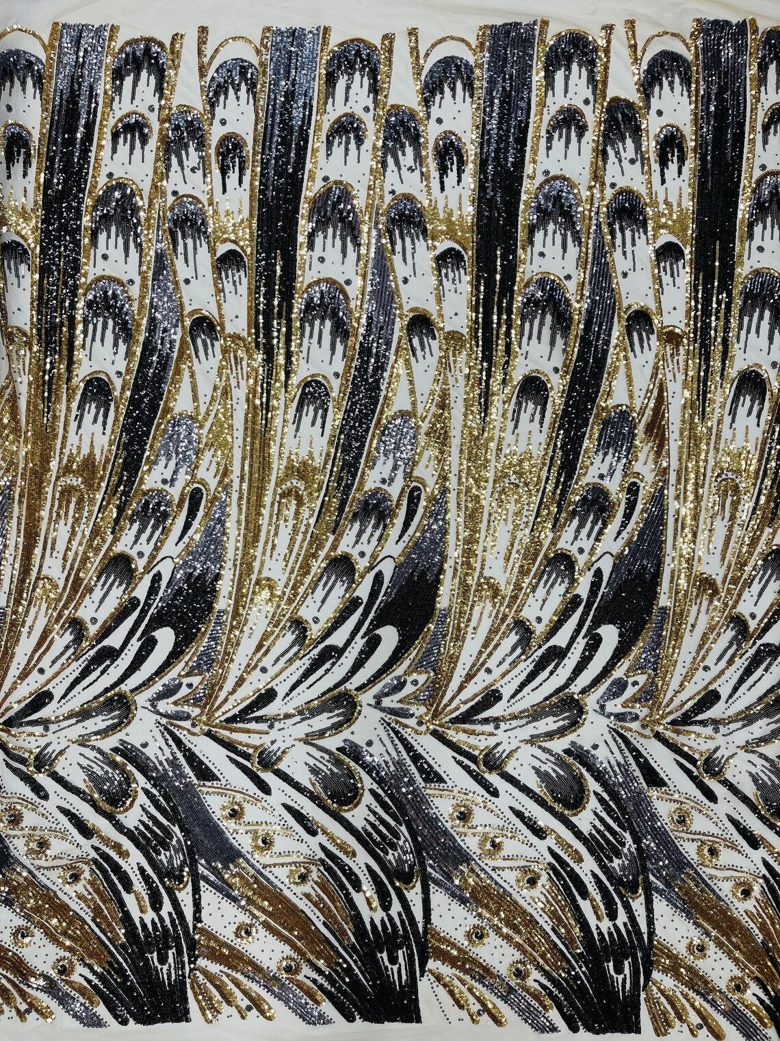Multi-Color Sequins Design - Gold / Black / Grey - 4 Way Stretch Sequins Fabric By The Yard