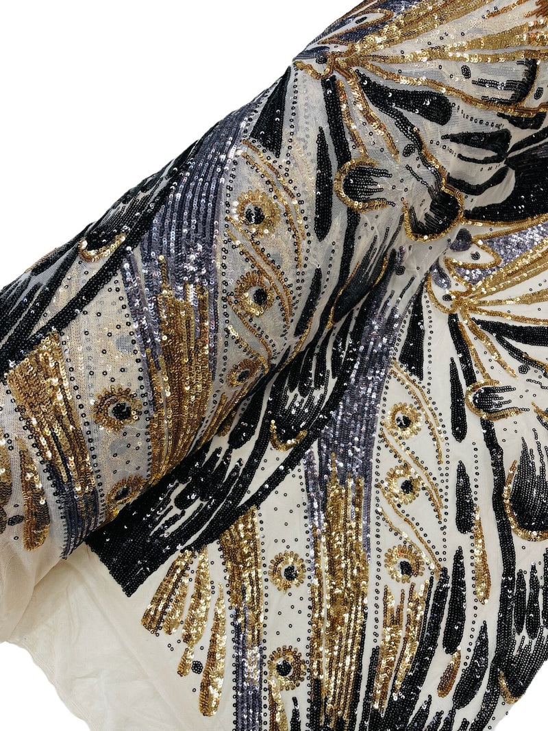 Multi-Color Sequins Design - Gold / Black / Grey - 4 Way Stretch Sequins Fabric By The Yard