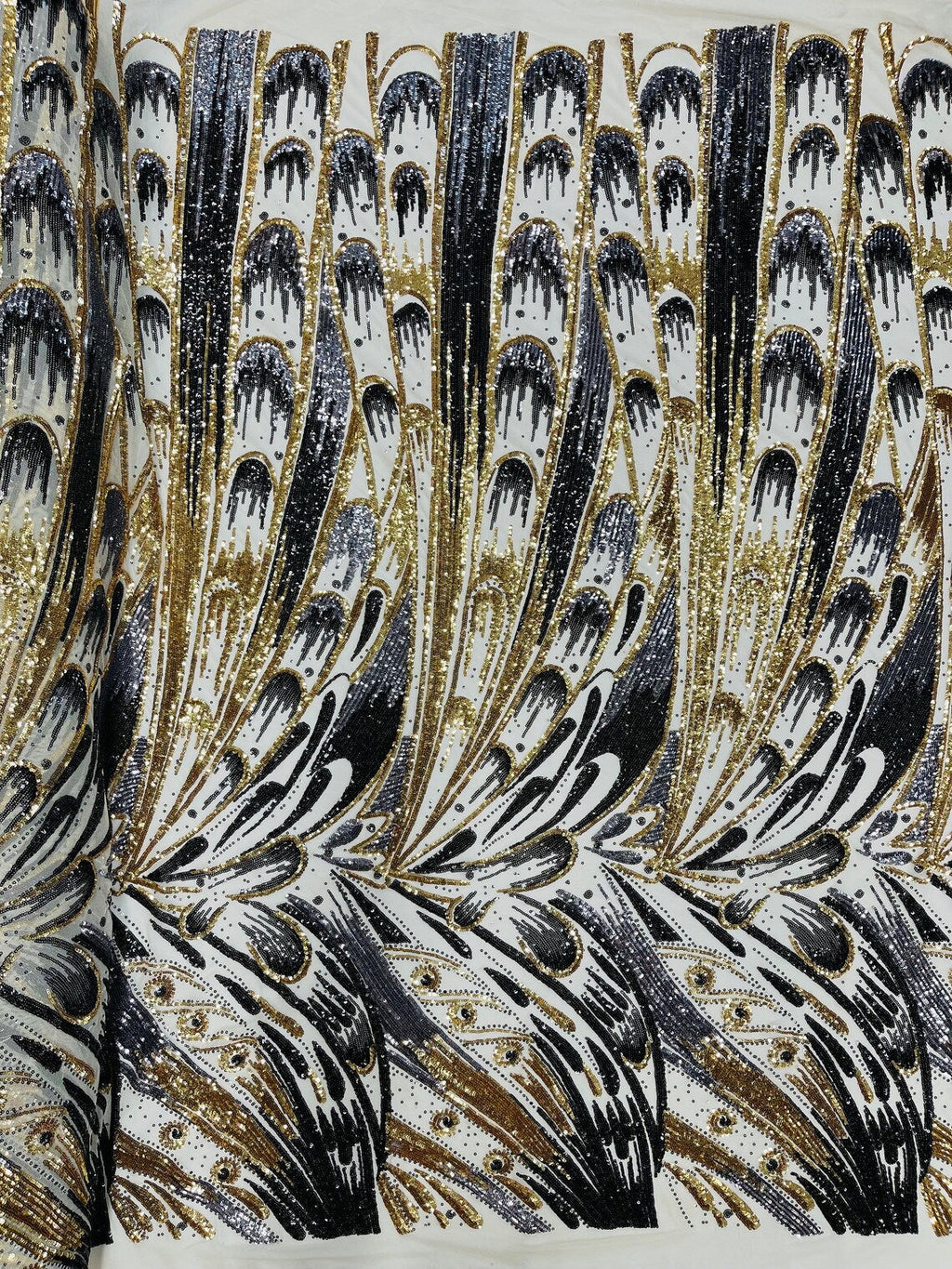 Multi-Color Sequins Design - Gold / Black / Grey - 4 Way Stretch Sequins Fabric By The Yard