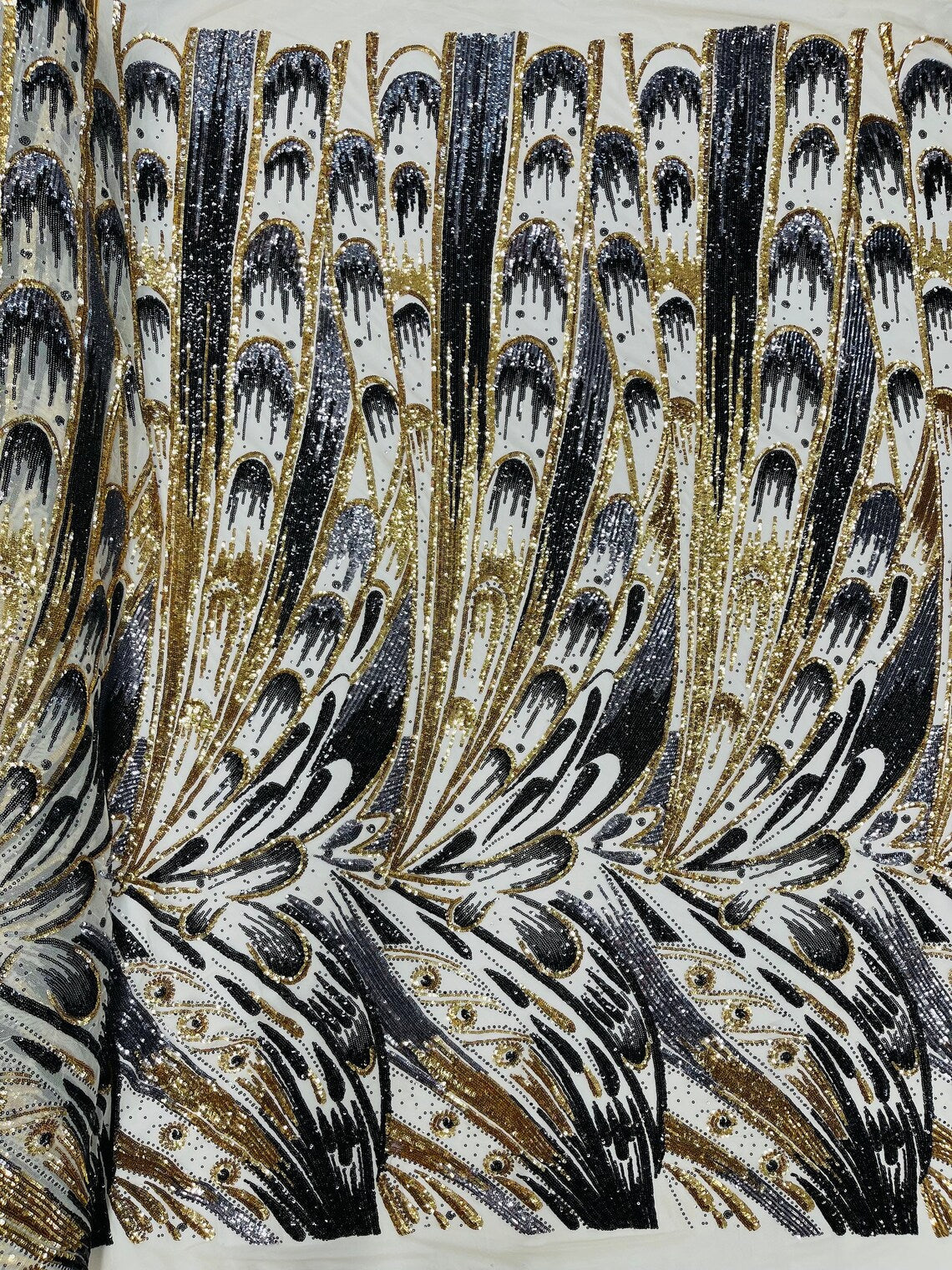 Multi-Color Sequins Design - Gold / Black / Grey - 4 Way Stretch Sequins Fabric By The Yard