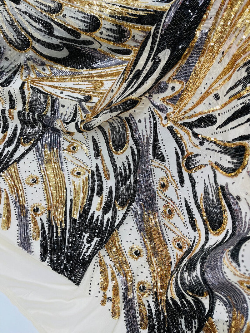 Multi-Color Sequins Design - Gold / Black / Grey - 4 Way Stretch Sequins Fabric By The Yard