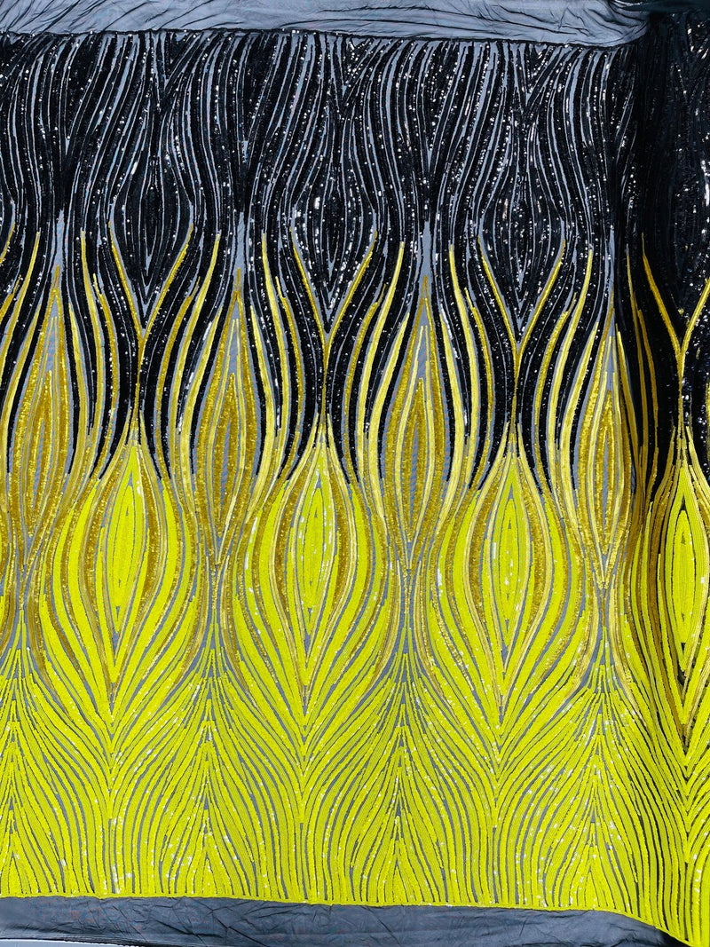 Multi-Color Fabric - Gold / Black / Yellow - Feather Shape Sequins Fabric Sold By Yard