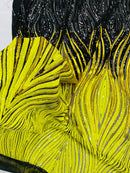 Multi-Color Fabric - Gold / Black / Yellow - Feather Shape Sequins Fabric Sold By Yard