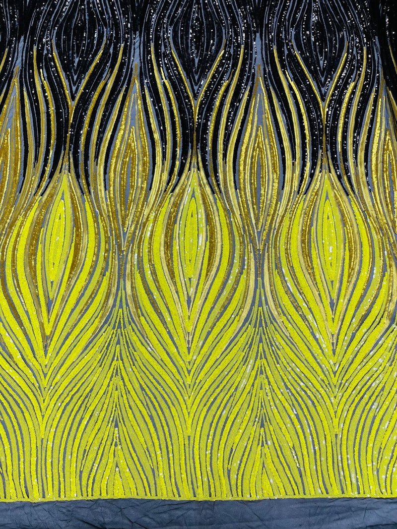 Multi-Color Fabric - Gold / Black / Yellow - Feather Shape Sequins Fabric Sold By Yard