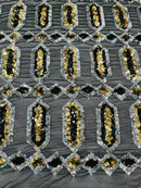 Fancy Gem Jewel Fabric - Gold / Black Iridescent - Geometric Stretch Sequins Design on Mesh By Yard
