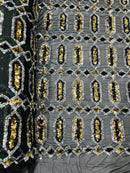 Fancy Gem Jewel Fabric - Gold / Black Iridescent - Geometric Stretch Sequins Design on Mesh By Yard