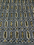 Fancy Gem Jewel Fabric - Gold / Black Iridescent - Geometric Stretch Sequins Design on Mesh By Yard