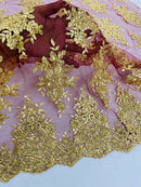 Floral Lace Fabric - Gold on Burgundy - Metallic Floral Design on Lace Mesh Fabric By Yard