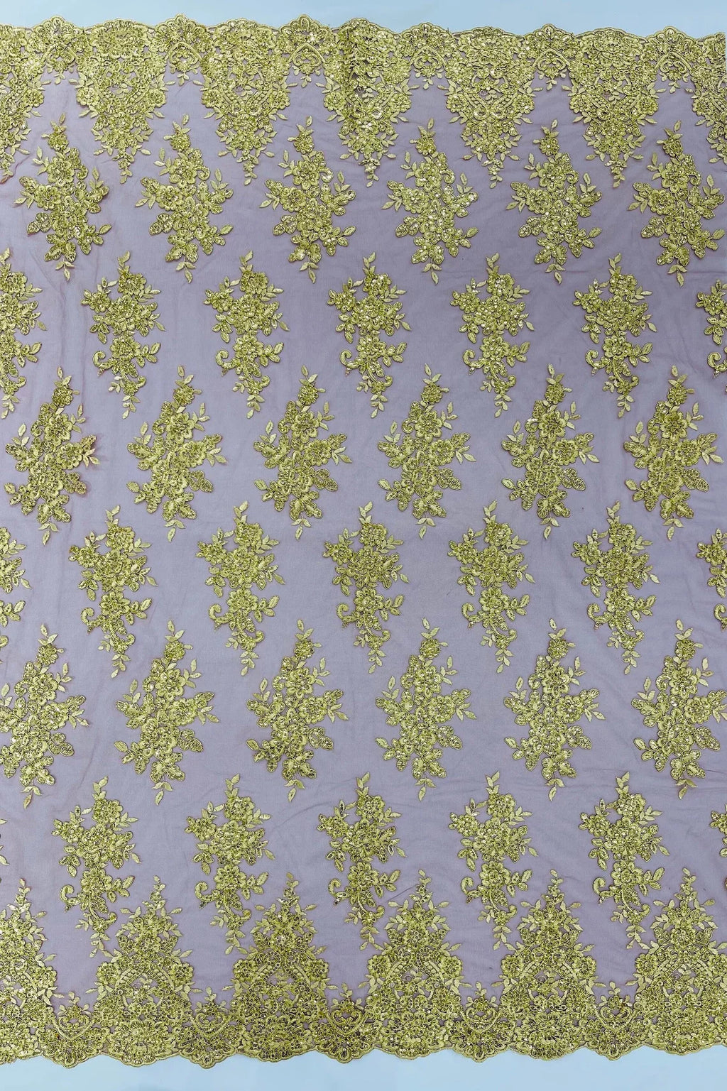 Floral Lace Fabric - Gold on Burgundy - Metallic Floral Design on Lace Mesh Fabric By Yard
