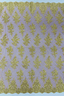 Floral Lace Fabric - Gold on Burgundy - Metallic Floral Design on Lace Mesh Fabric By Yard