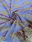 Floral Lace Fabric - Gold on Burgundy - Metallic Floral Design on Lace Mesh Fabric By Yard