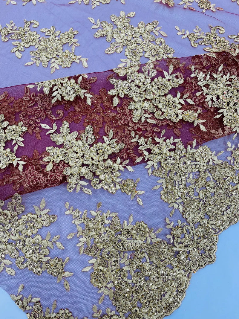 Floral Lace Fabric - Gold on Burgundy - Metallic Floral Design on Lace Mesh Fabric By Yard