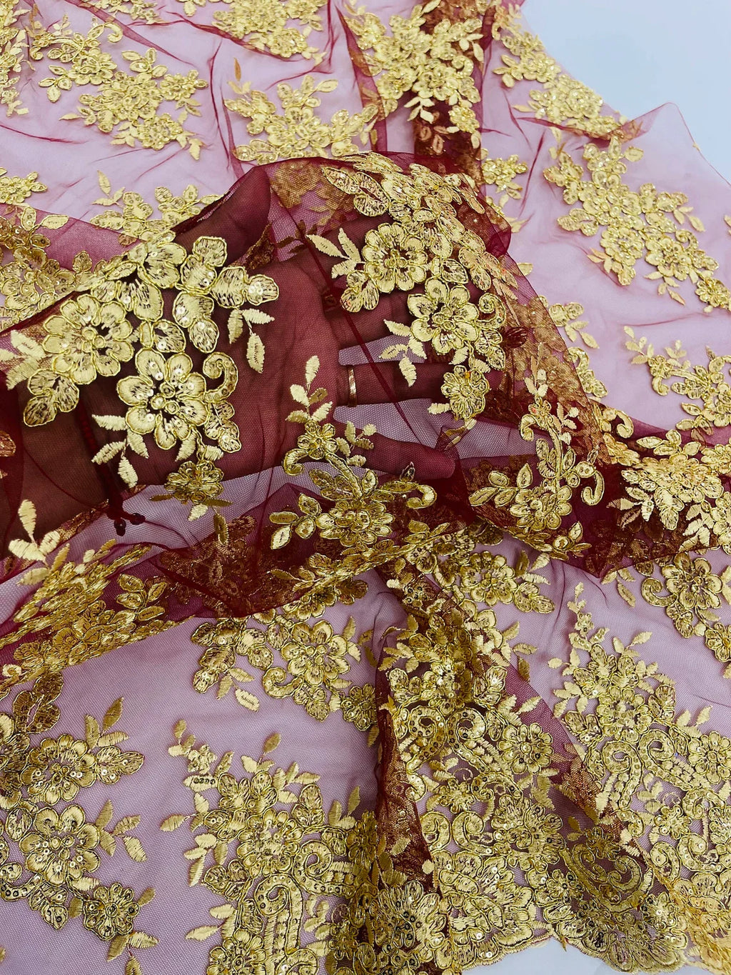 Floral Lace Fabric - Gold on Burgundy - Metallic Floral Design on Lace Mesh Fabric By Yard