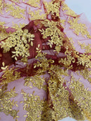 Floral Lace Fabric - Gold on Burgundy - Metallic Floral Design on Lace Mesh Fabric By Yard