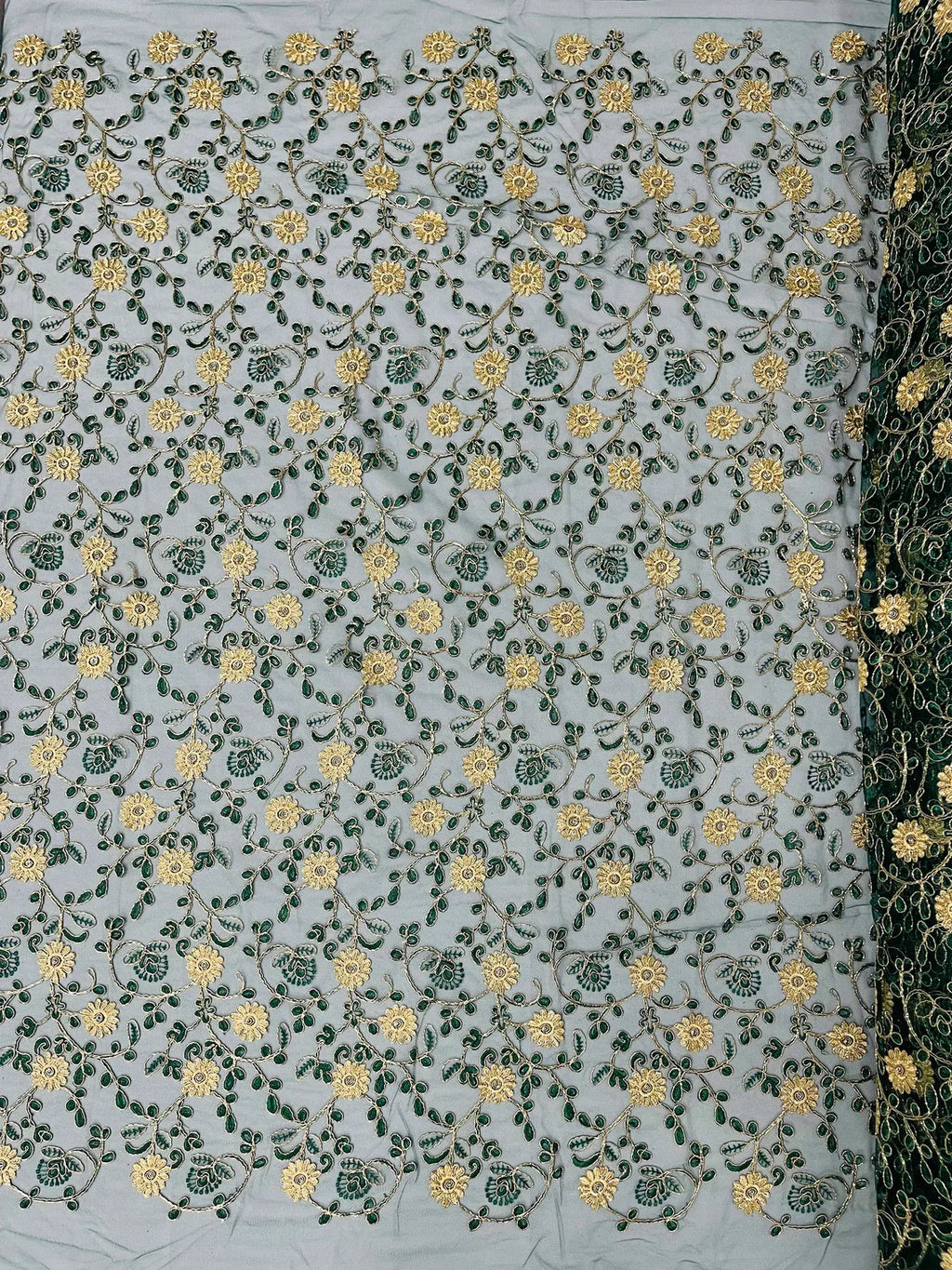 Floral Lace Fabric - Metallic Gold Flowers With Leaves Embroidered Hunter Green Tulle Sold By Yard