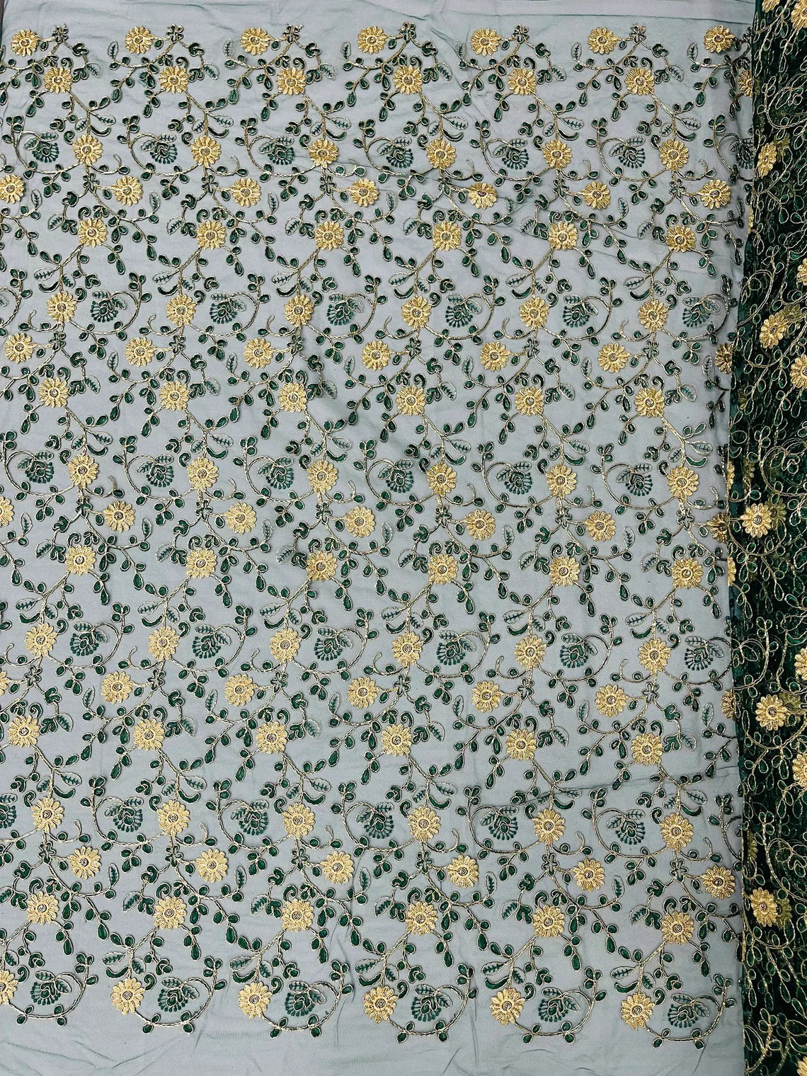 Floral Lace Fabric - Metallic Gold Flowers With Leaves Embroidered Hunter Green Tulle Sold By Yard