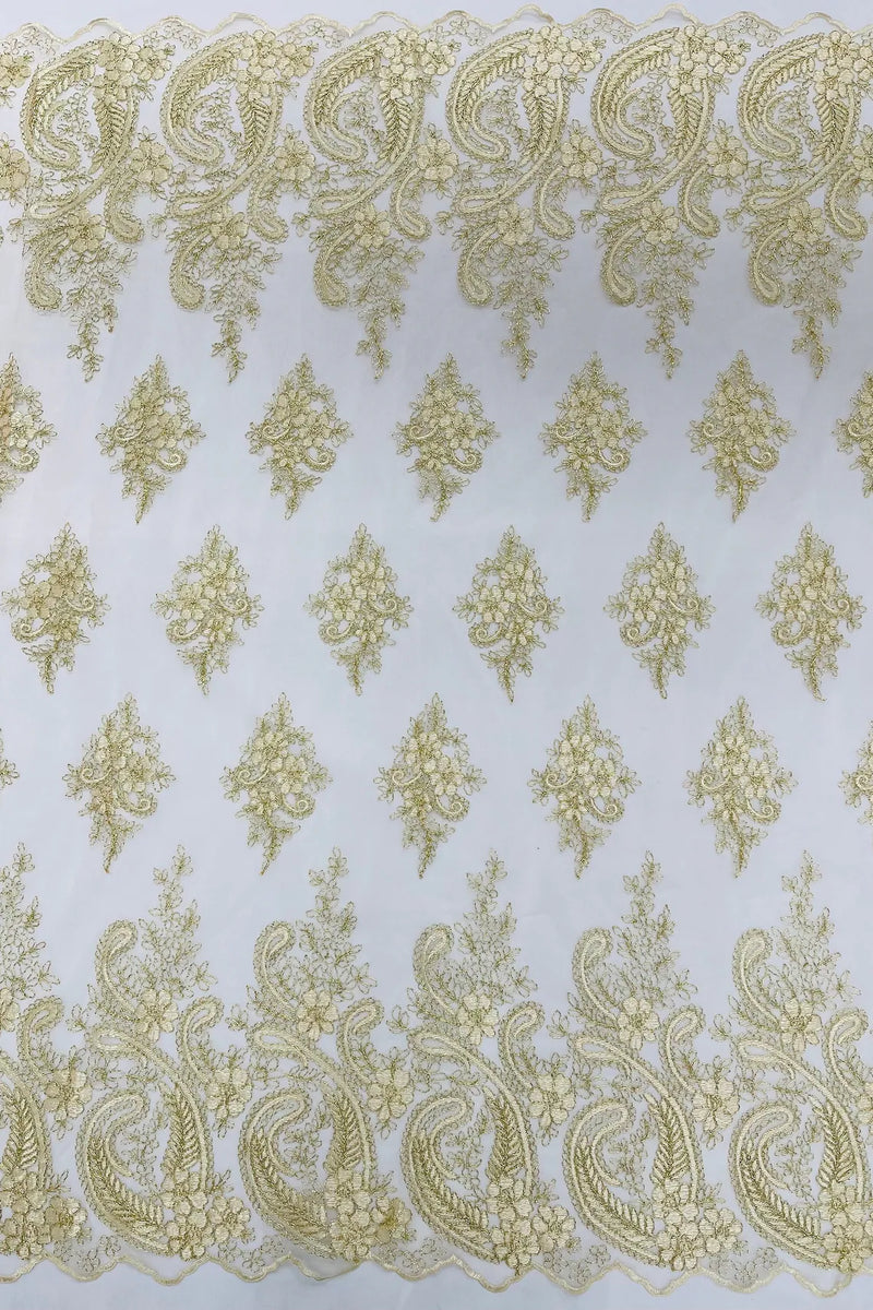 Metallic Corded Lace - Gold / Ivory - Paisley Floral Fabric with Metallic Thread on a Mesh Lace By Yard