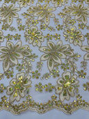 Corded Lace Floral Fabric - Gold / Ivory - Hologram Sequins Metallic Thread Floral Fabric by Yard
