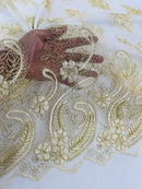 Metallic Corded Lace - Gold / Ivory - Paisley Floral Fabric with Metallic Thread on a Mesh Lace By Yard