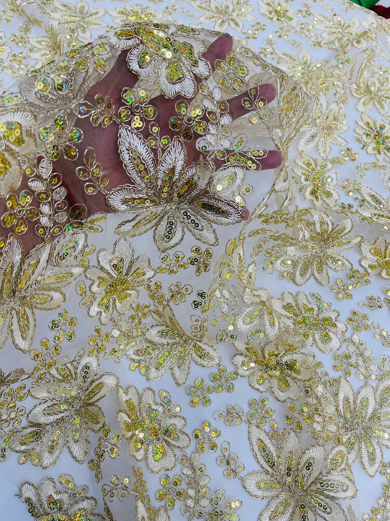 Corded Lace Floral Fabric - Gold / Ivory - Hologram Sequins Metallic Thread Floral Fabric by Yard