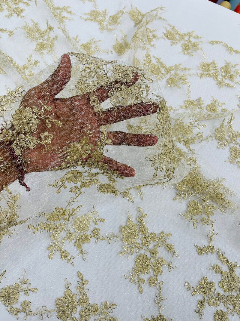Embroidered Corded Lace Fabric - Gold / Ivory - Cluster Fancy Flower Embroidered Lace Fabric By Yard