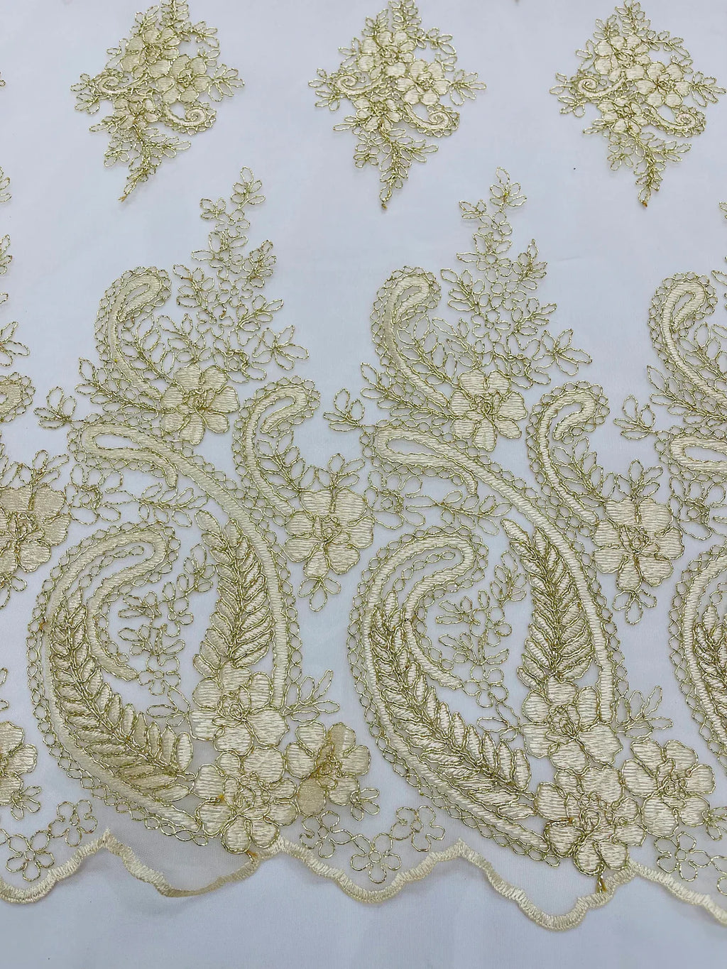 Metallic Corded Lace - Gold / Ivory - Paisley Floral Fabric with Metallic Thread on a Mesh Lace By Yard