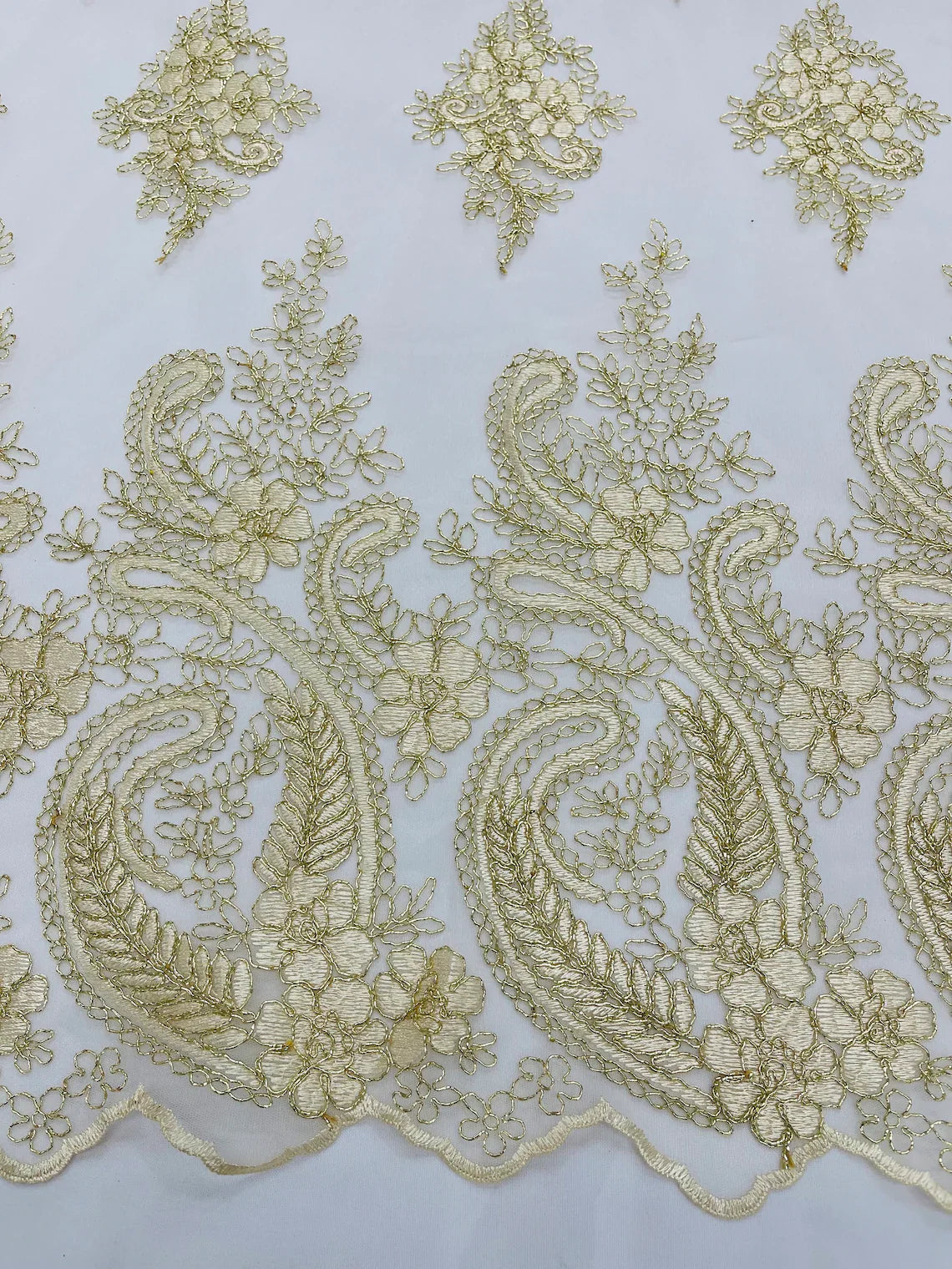 Metallic Corded Lace - Gold / Ivory - Paisley Floral Fabric with Metallic Thread on a Mesh Lace By Yard