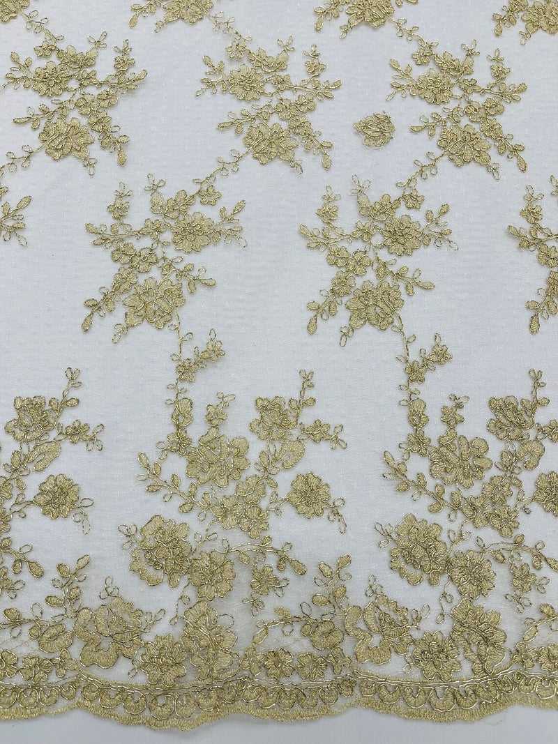 Embroidered Corded Lace Fabric - Gold / Ivory - Cluster Fancy Flower Embroidered Lace Fabric By Yard