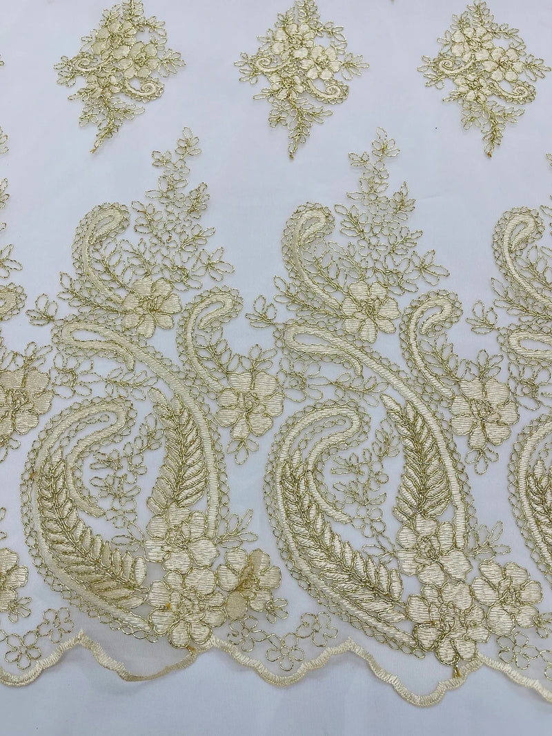 Metallic Corded Lace - Gold / Ivory - Paisley Floral Fabric with Metallic Thread on a Mesh Lace By Yard