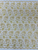 Corded Lace Floral Fabric - Gold / Ivory - Hologram Sequins Metallic Thread Floral Fabric by Yard