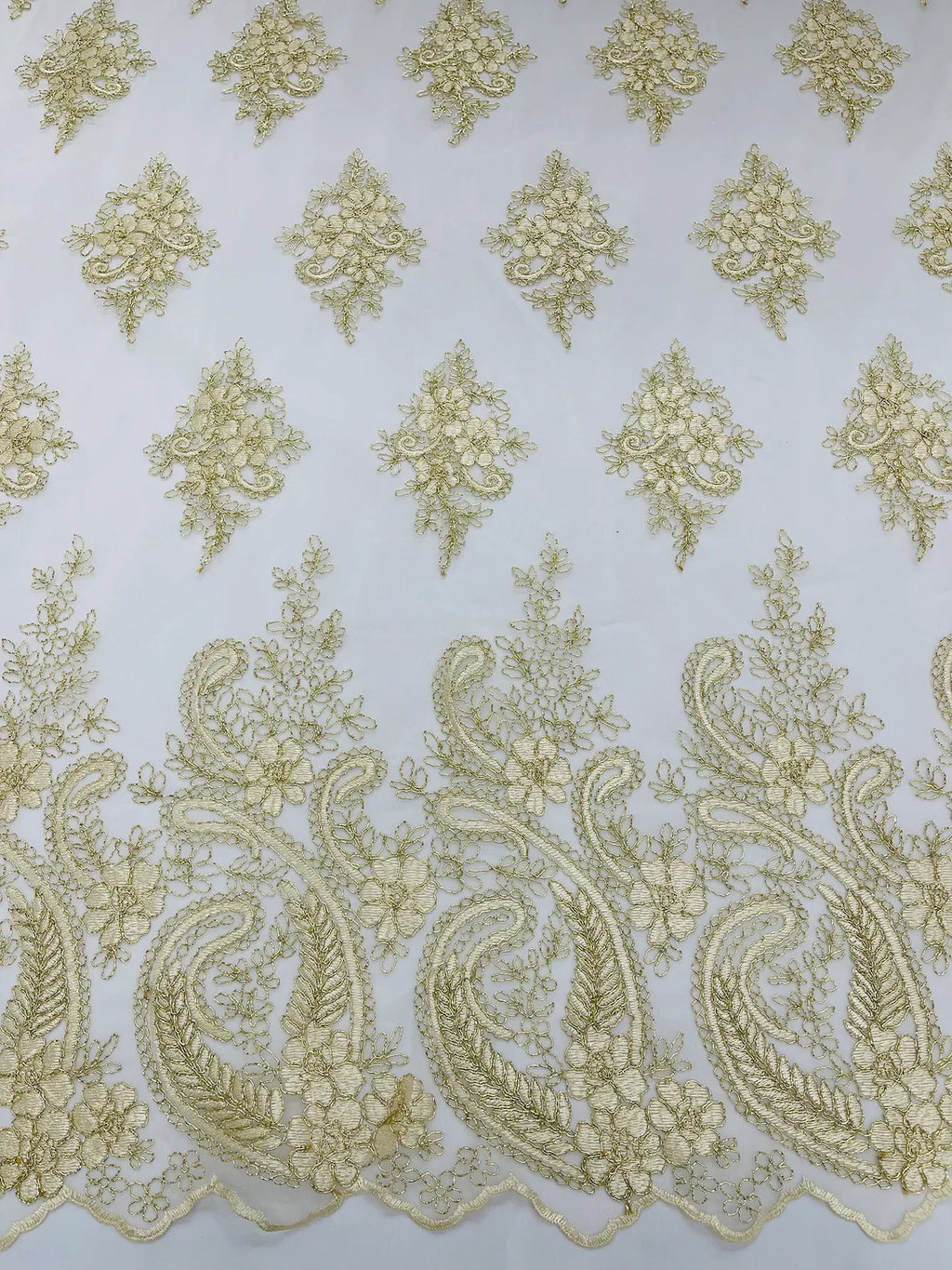 Metallic Corded Lace - Gold / Ivory - Paisley Floral Fabric with Metallic Thread on a Mesh Lace By Yard