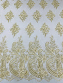 Metallic Corded Lace - Gold / Ivory - Paisley Floral Fabric with Metallic Thread on a Mesh Lace By Yard