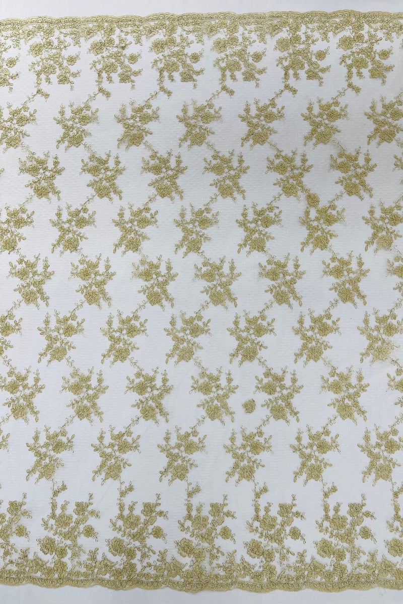 Embroidered Corded Lace Fabric - Gold / Ivory - Cluster Fancy Flower Embroidered Lace Fabric By Yard