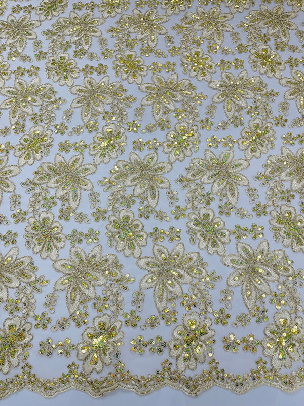 Corded Lace Floral Fabric - Gold / Ivory - Hologram Sequins Metallic Thread Floral Fabric by Yard