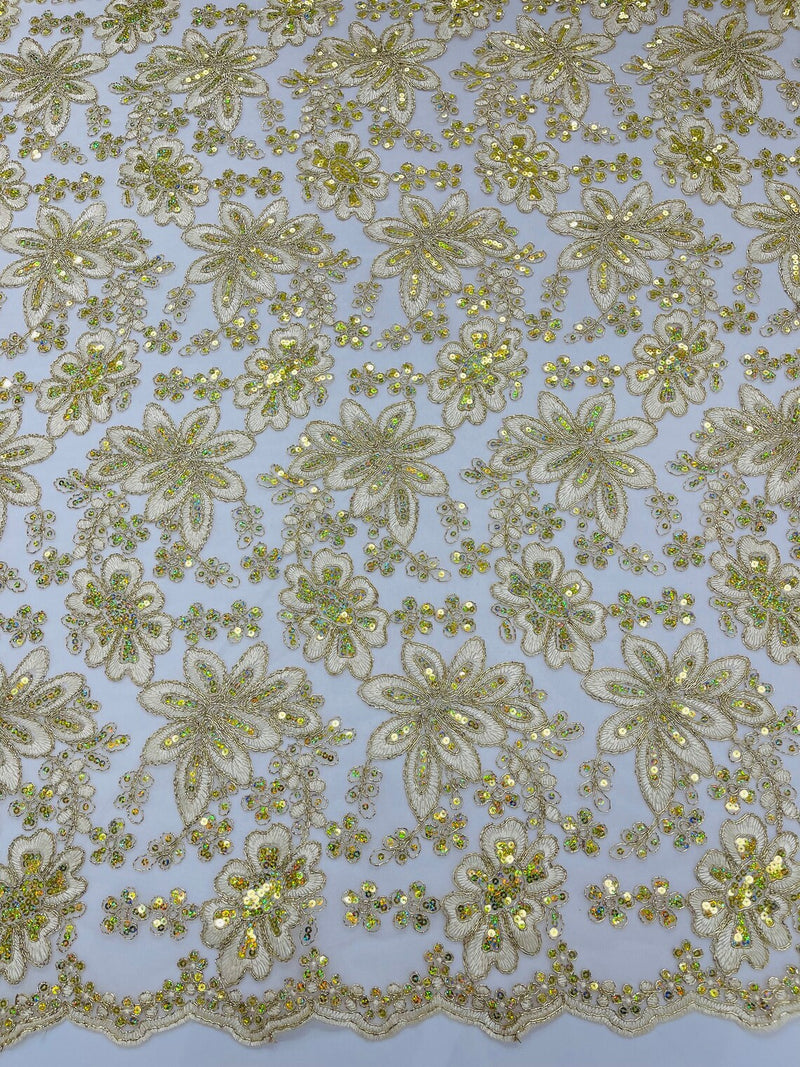 Corded Lace Floral Fabric - Gold / Ivory - Hologram Sequins Metallic Thread Floral Fabric by Yard