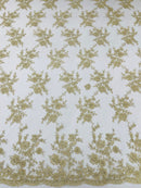Embroidered Corded Lace Fabric - Gold / Ivory - Cluster Fancy Flower Embroidered Lace Fabric By Yard