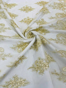 Metallic Corded Lace - Gold / Ivory - Paisley Floral Fabric with Metallic Thread on a Mesh Lace By Yard