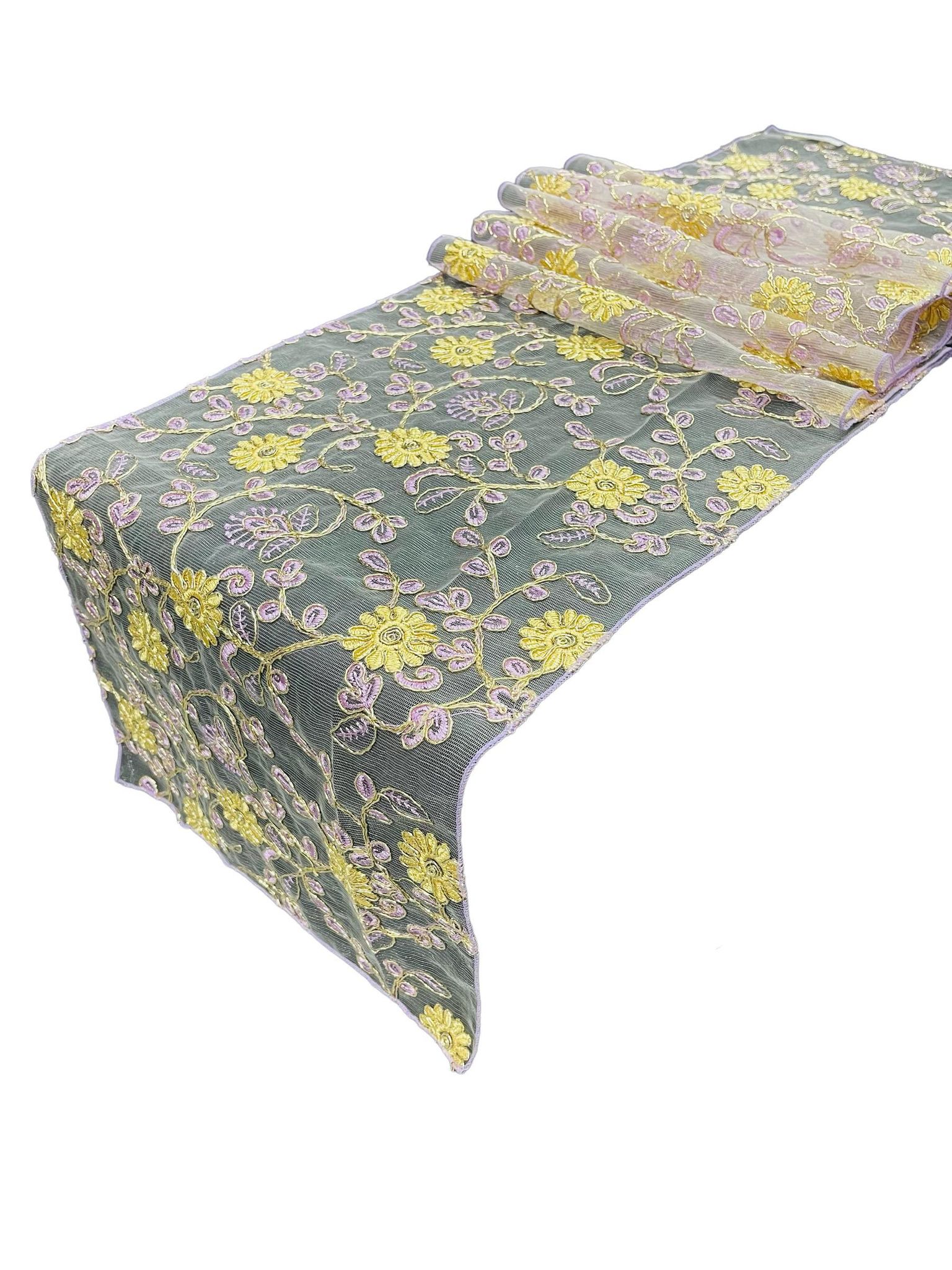 12" x 90" Metallic Flower Table Runner - Gold / Lilac - Fancy Runner for Event Decor