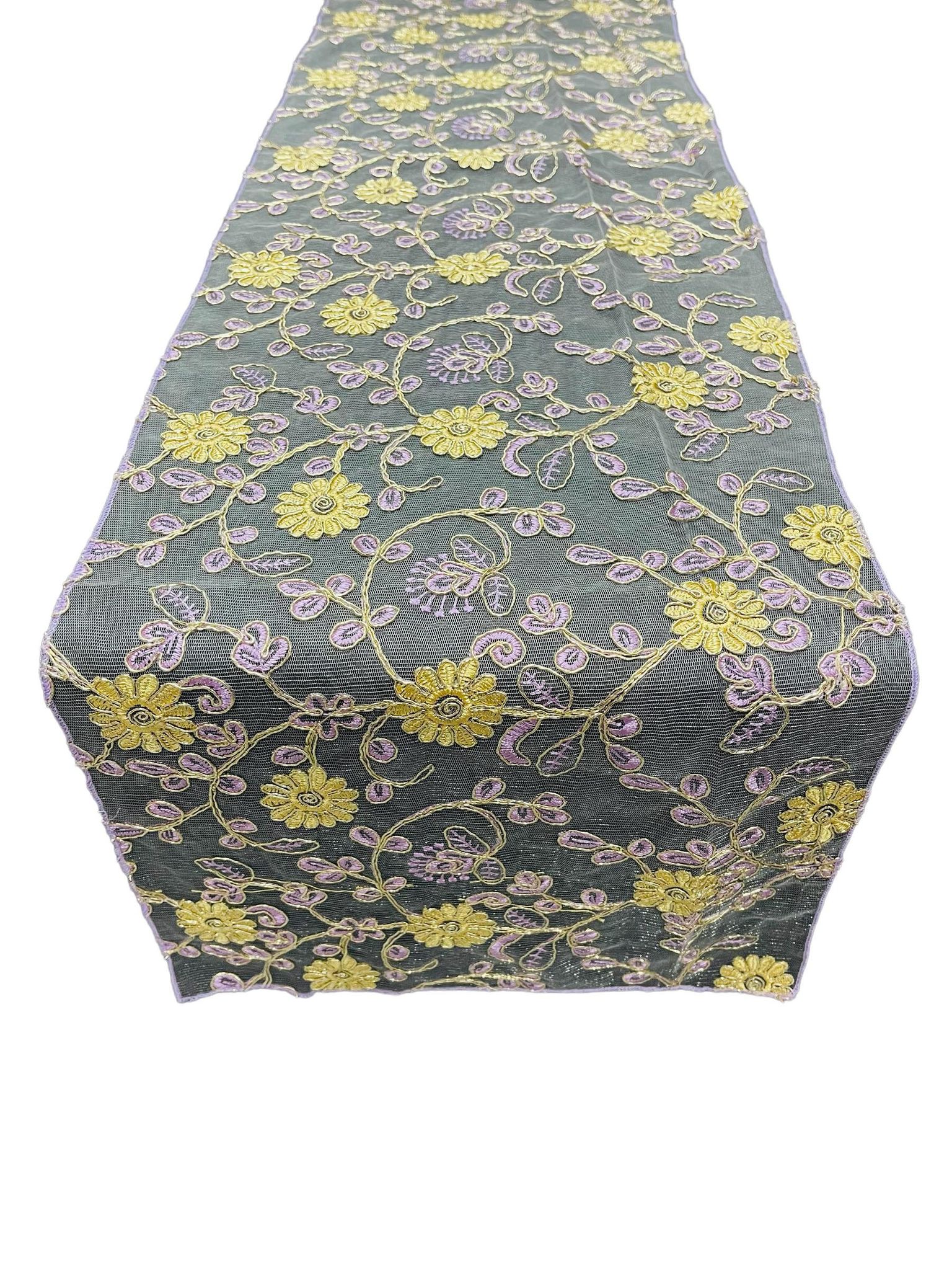 12" x 90" Metallic Flower Table Runner - Gold / Lilac - Fancy Runner for Event Decor