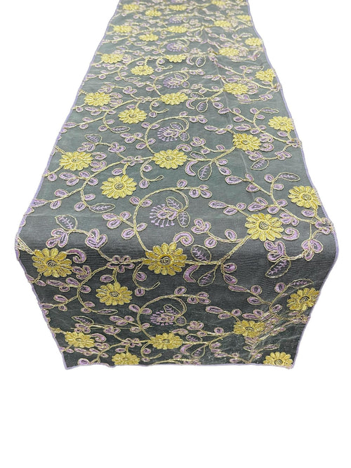 12" x 90" Metallic Flower Table Runner - Gold / Lilac - Fancy Runner for Event Decor